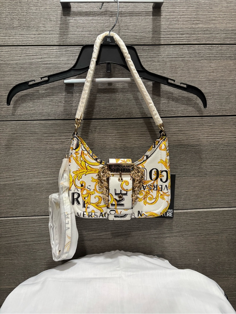 NWT Versace Jeans Collection White and Yellow Baroque Logo Shoulder Bag